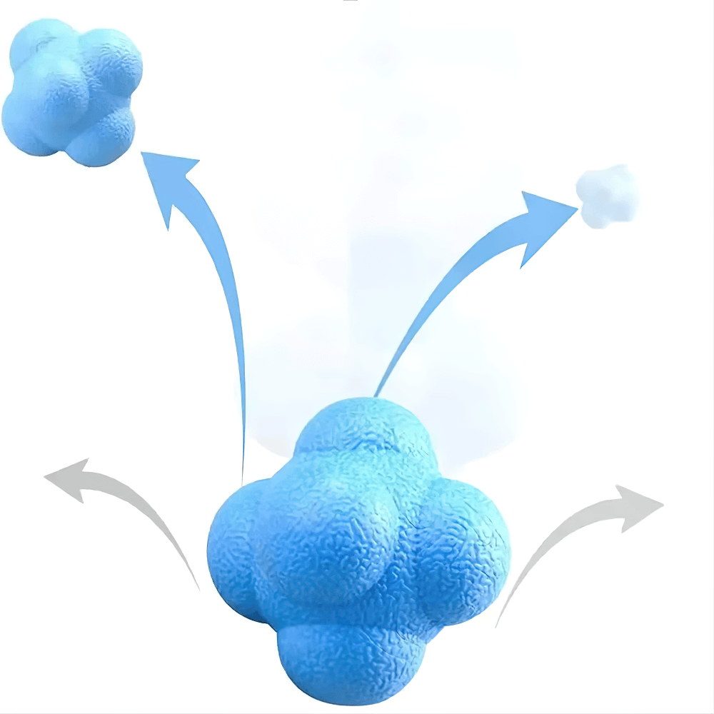 Blue hexagonal reaction ball showcasing unpredictable bounce patterns for reflex and agility training, perfect for sports practice.